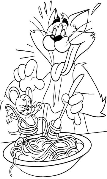 kolorowanka Tom i Jerry jedzą spaghetti, malowanka do wydruku z bajki dla dzieci, do pokolorowania kredkami, obrazek nr 33